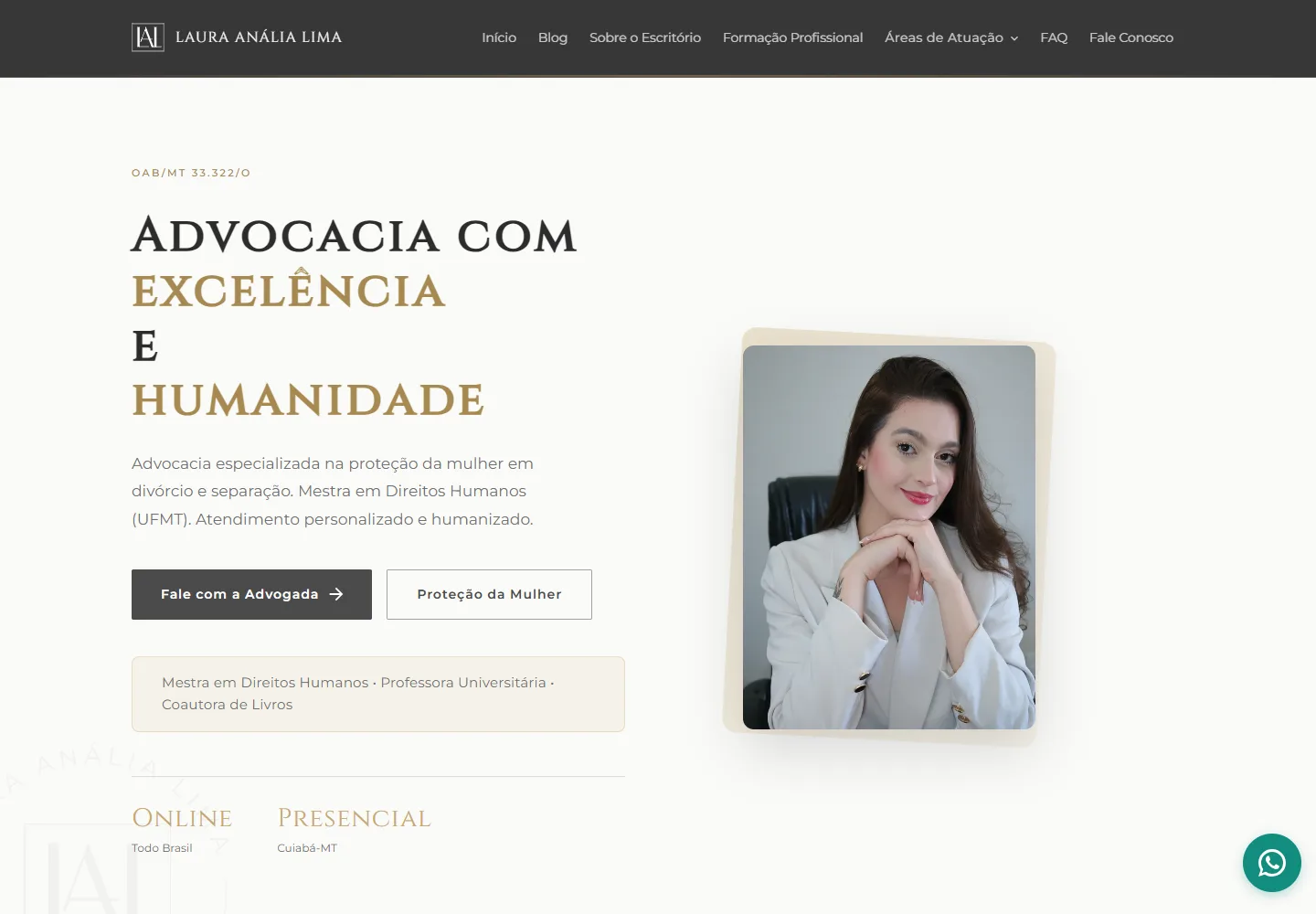 Site de escritório jurídico com apresentação institucional e navegação de contato.