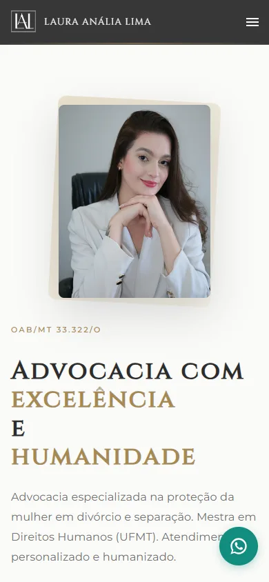 Site de escritório jurídico com apresentação institucional e navegação de contato. Versão mobile.