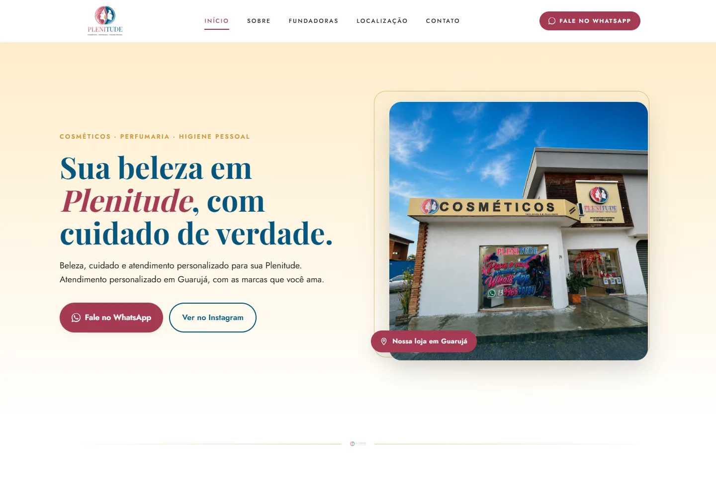 Site institucional da Plenitude Cosméticos com apresentação da marca e navegação da loja.