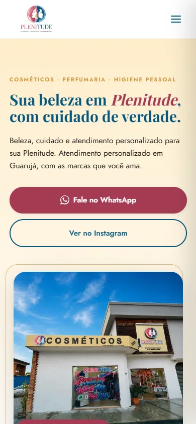 Site institucional da Plenitude Cosméticos com apresentação da marca e navegação da loja. Versão mobile.